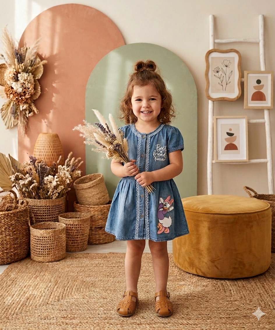 Robe en Jean Fille avec Motif Lapin – Robe en Denim à Manches Courtes