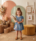 Robe en Jean Fille avec Motif Lapin – Robe en Denim à Manches Courtes