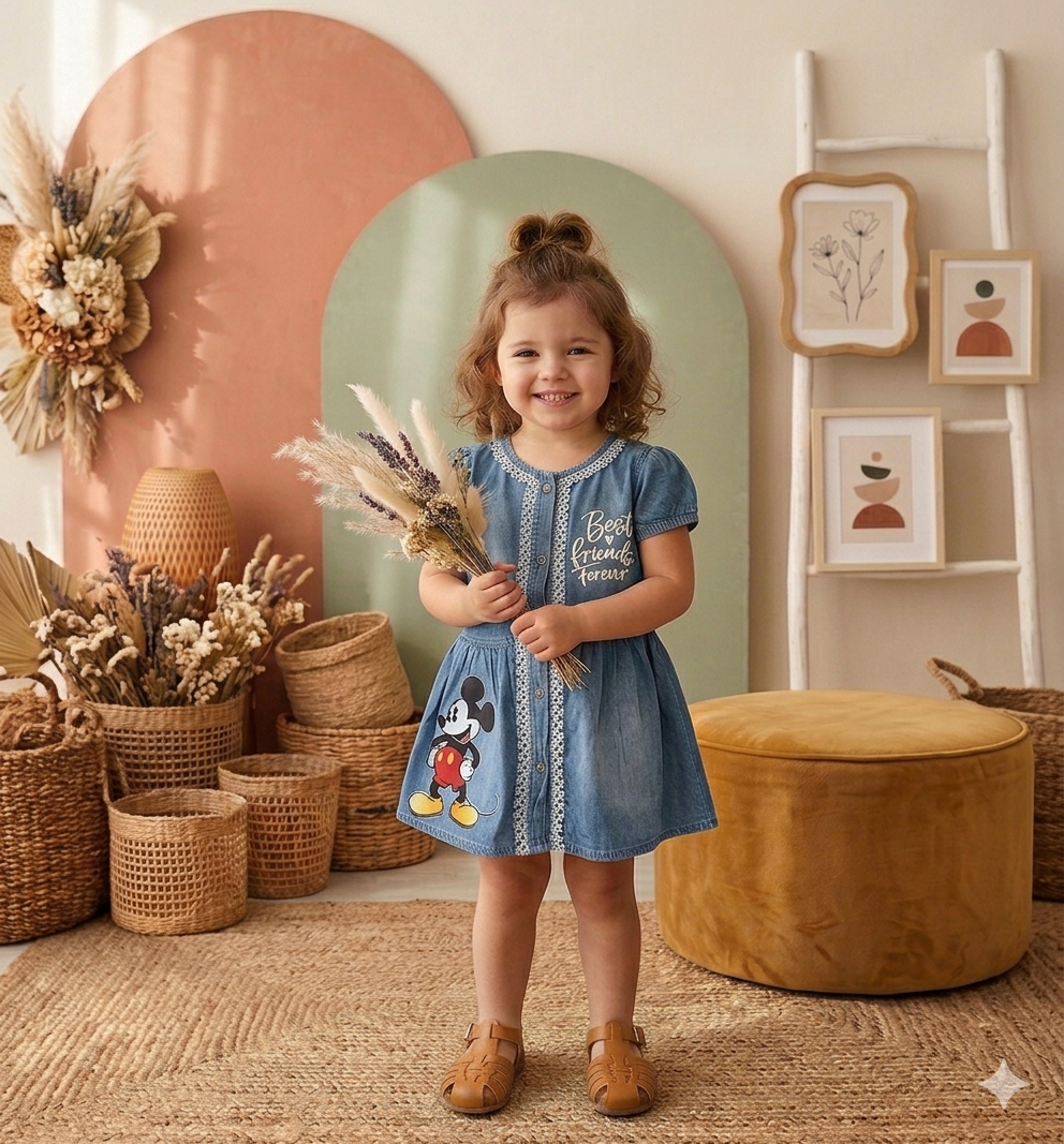 Robe en Jean Fille avec Motif Lapin – Robe en Denim à Manches Courtes