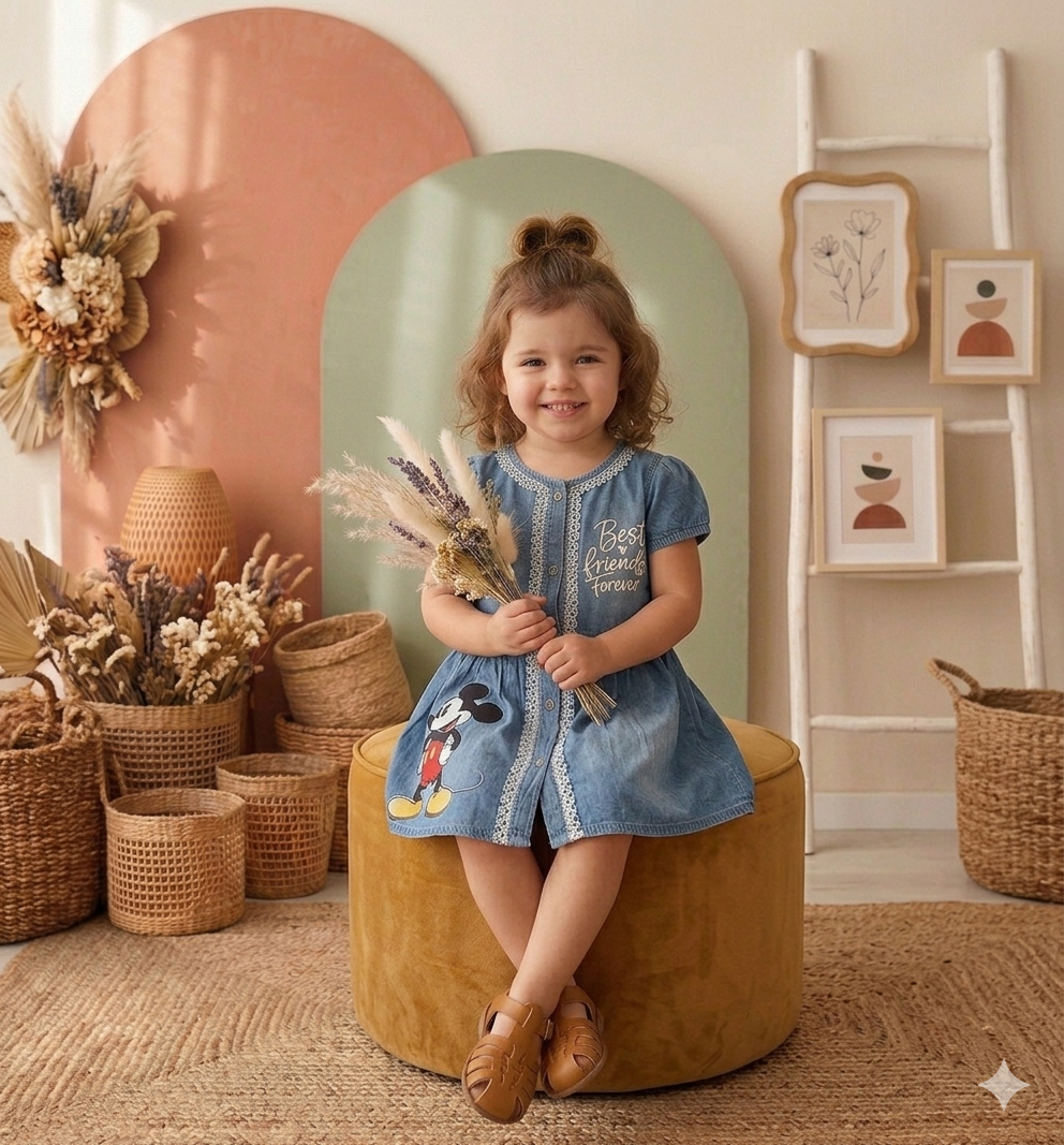 Robe en Jean Fille avec Motif Lapin – Robe en Denim à Manches Courtes