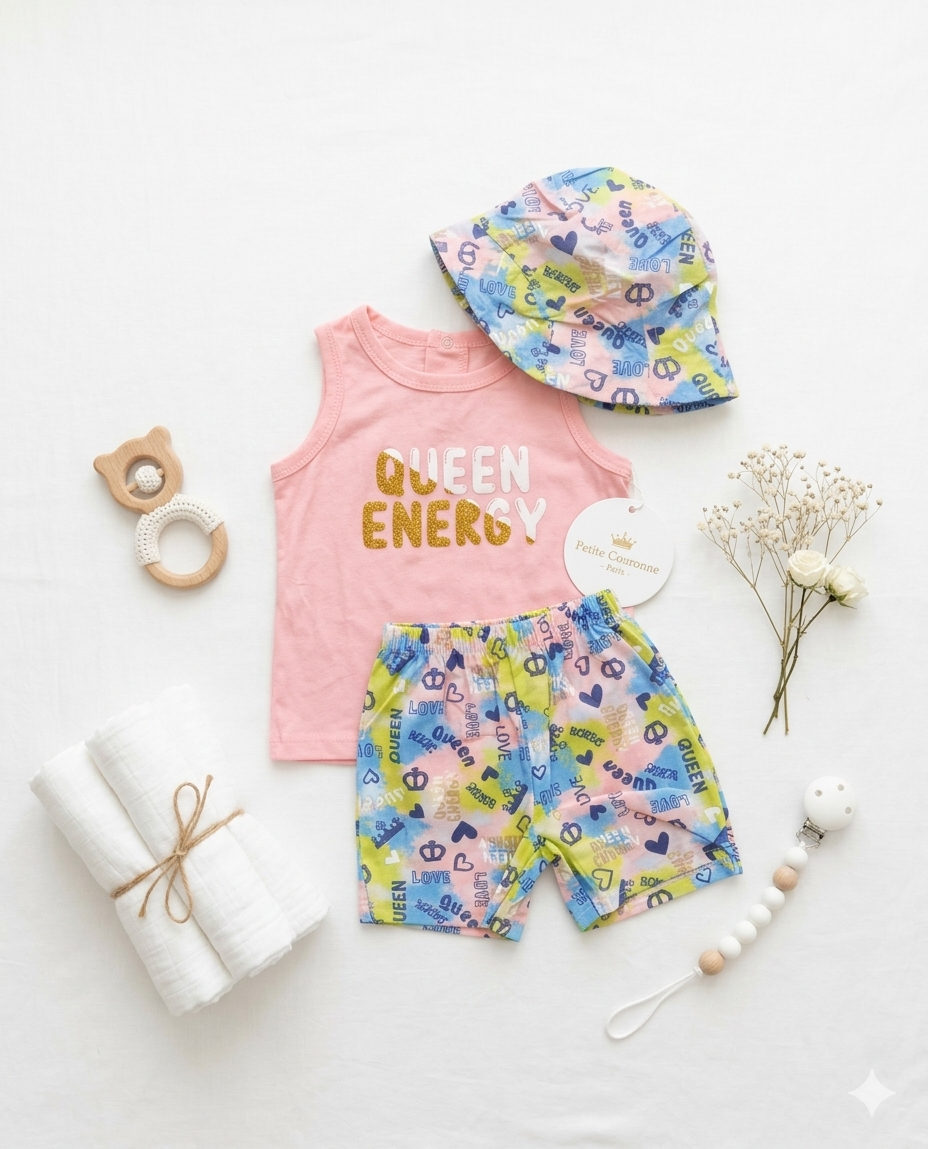 Ensemble Bébé Fille 3 Pièces LOVE – Débardeur, Short et Bandana Coloré