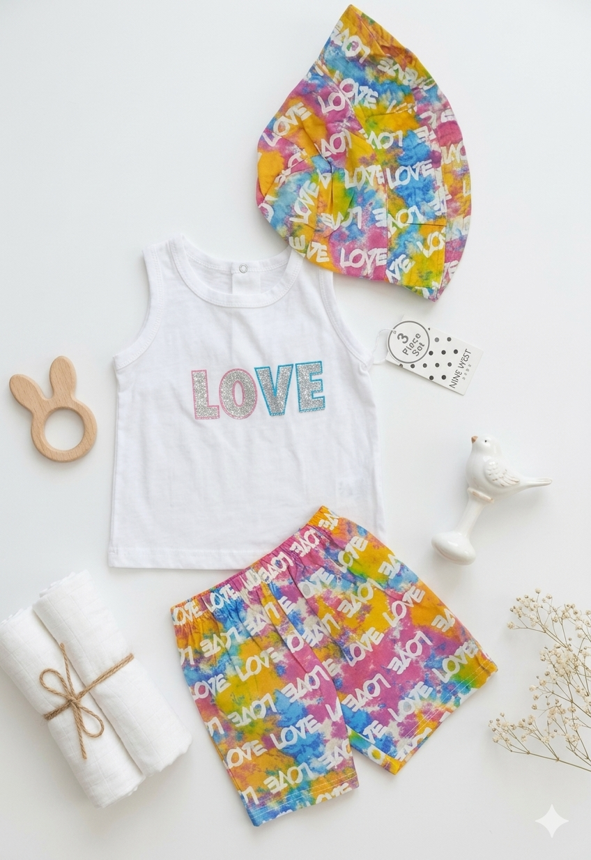 Ensemble Bébé Fille 3 Pièces LOVE – Débardeur, Short et Bandana Coloré