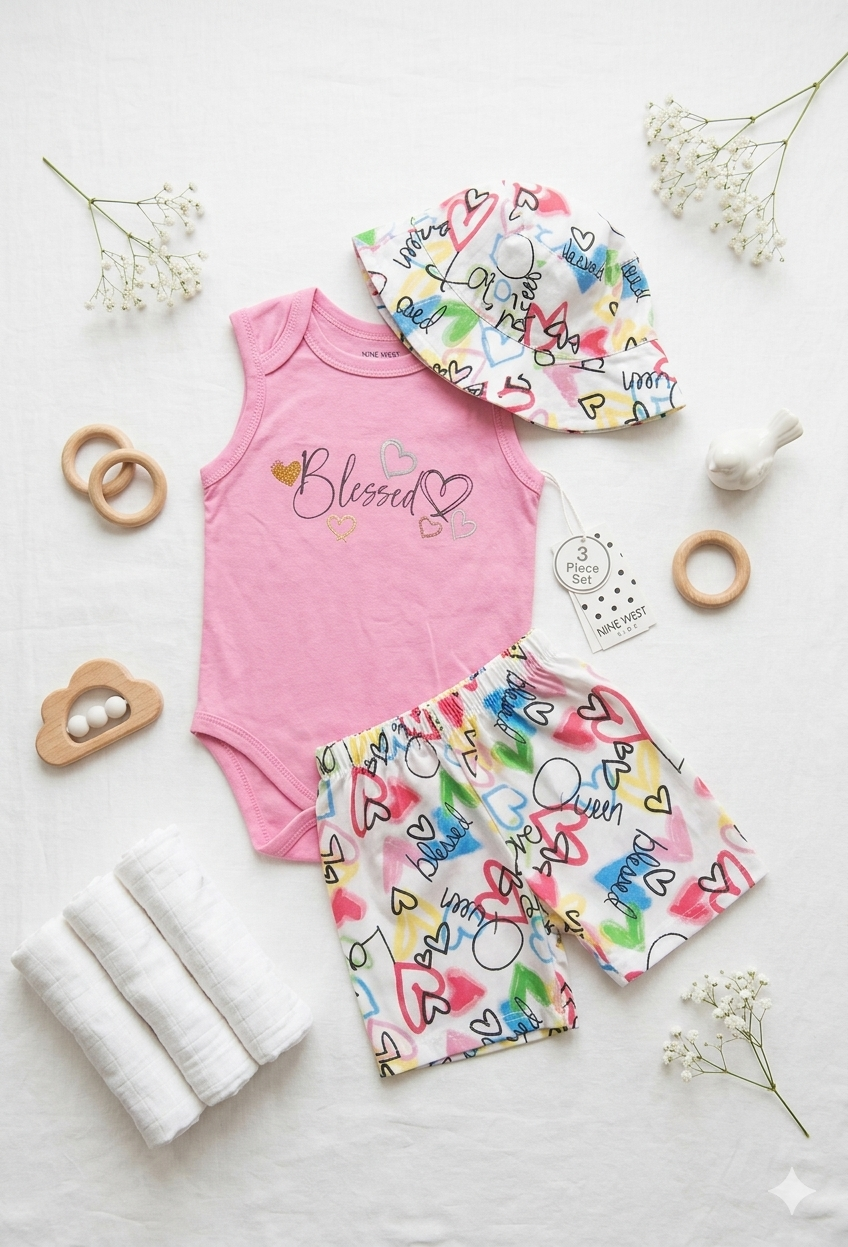 Ensemble Bébé Fille 3 Pièces LOVE – Débardeur, Short et Bandana Coloré