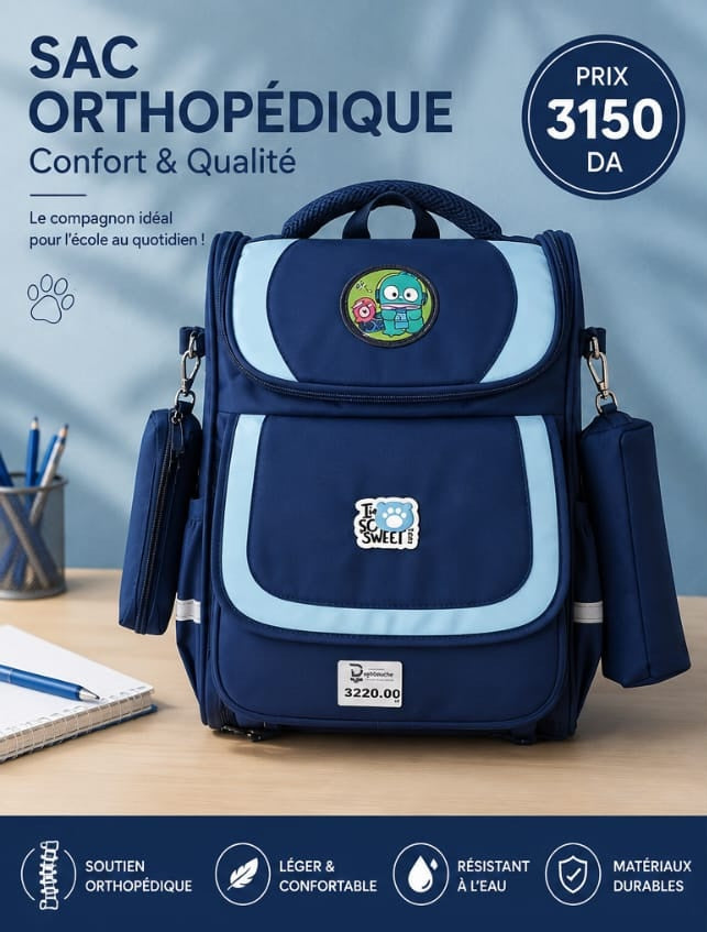 Sac à Dos Scolaire Orthopédique Enfant – Grand Format avec Trousse Assortie
