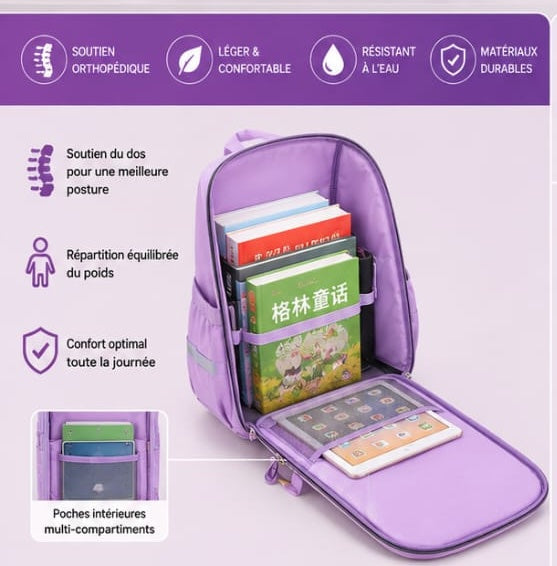 Sac à Dos Scolaire Orthopédique Enfant – Dos Renforcé & Multi-Rangements