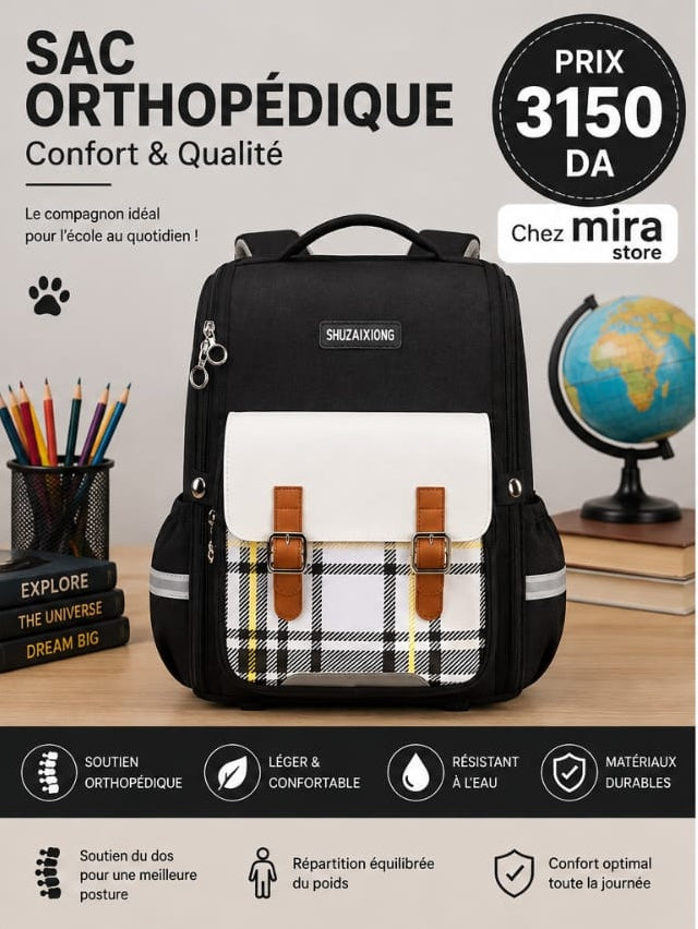 Sac à Dos Scolaire Orthopédique à Carreaux – Grande Capacité