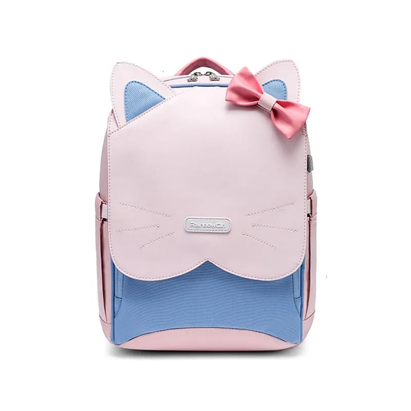 Sac à Dos Scolaire Orthopédique Chat – Rose & Bleu avec Nœud