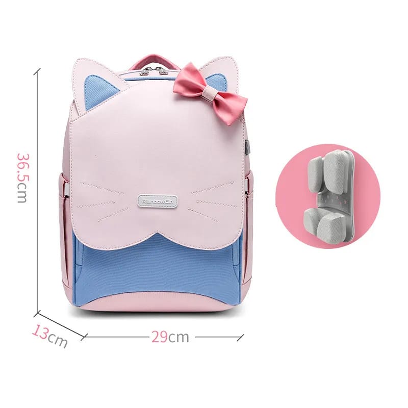 Sac à Dos Scolaire Orthopédique Chat – Rose & Bleu avec Nœud