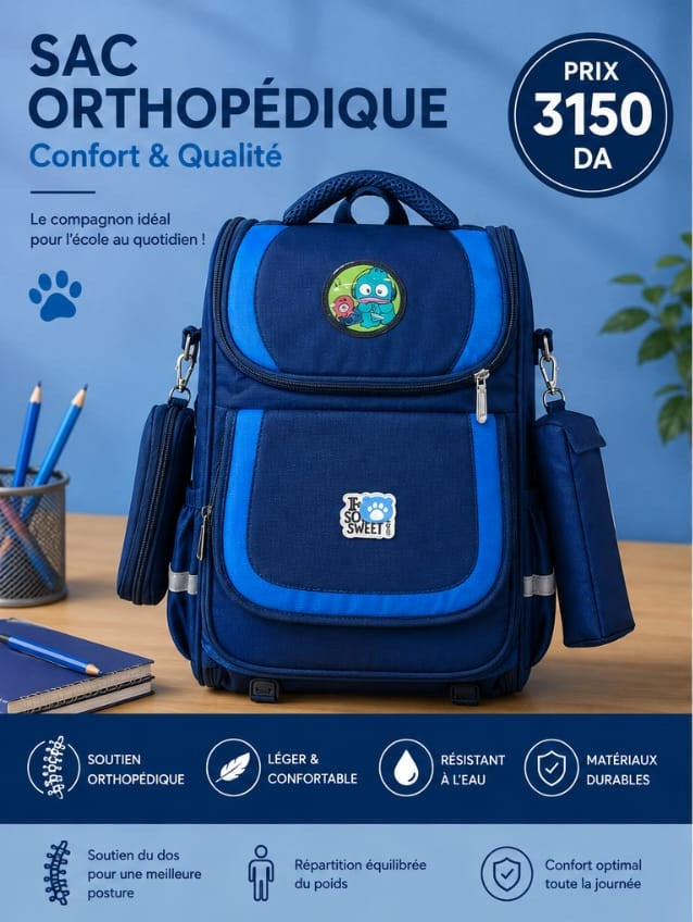 Sac à Dos Scolaire Orthopédique Enfant – Grand Format avec Trousse Assortie