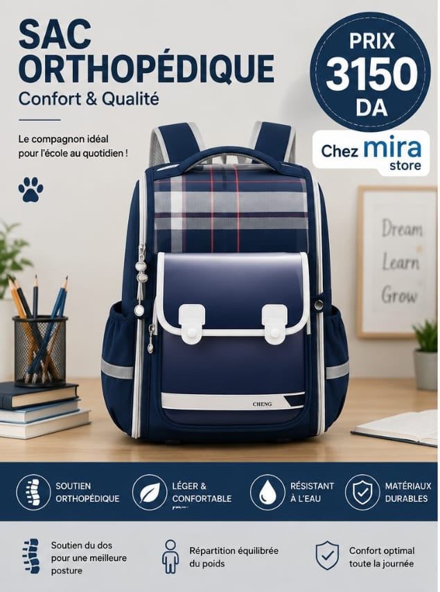 Sac à Dos Scolaire Orthopédique Enfant – Carreaux Chic & Grande Capacité