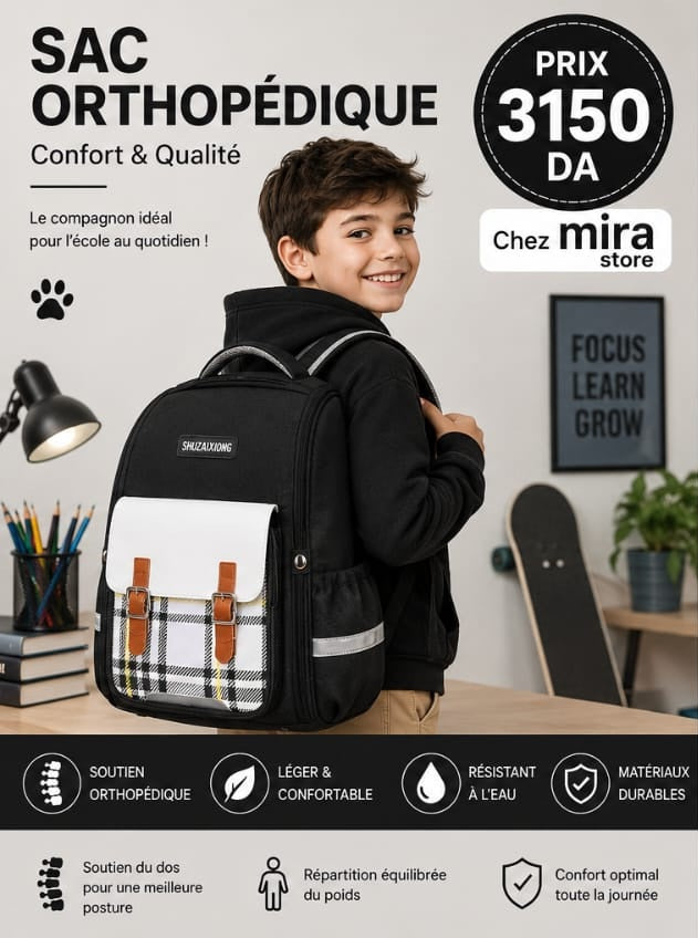 Sac à Dos Scolaire Orthopédique à Carreaux – Grande Capacité