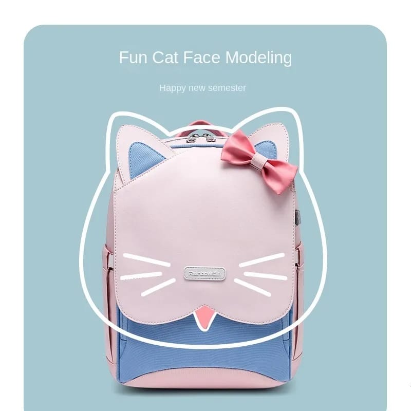 Sac à Dos Scolaire Orthopédique Chat – Rose & Bleu avec Nœud