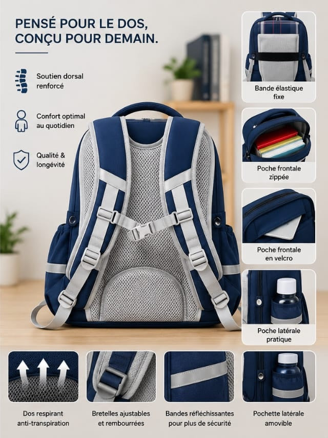 Sac à Dos Scolaire Orthopédique Enfant – Carreaux Chic & Grande Capacité