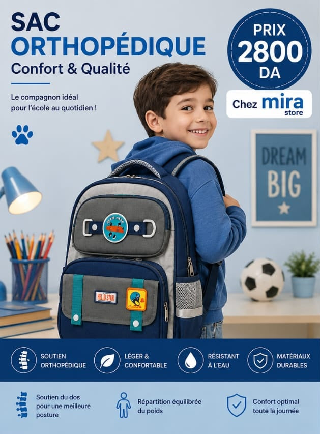 Sac à Dos Scolaire Orthopédique – Dos Respirant & Bretelles Renforcées