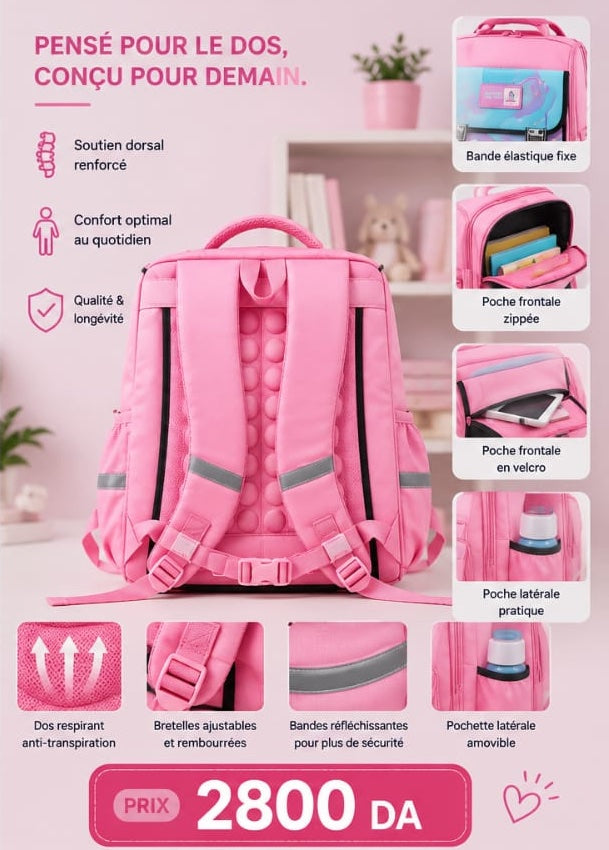Sac à Dos Scolaire Orthopédique Enfant – Dos Renforcé & Multi-Rangements