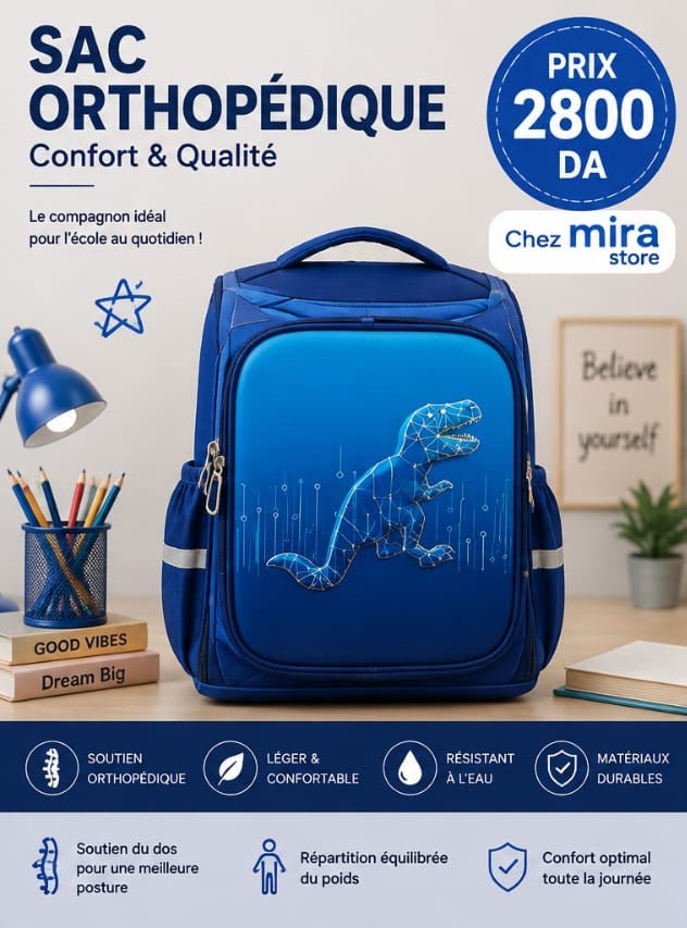 Sac à Dos Scolaire Orthopédique Enfant – Dos Renforcé & Multi-Rangements