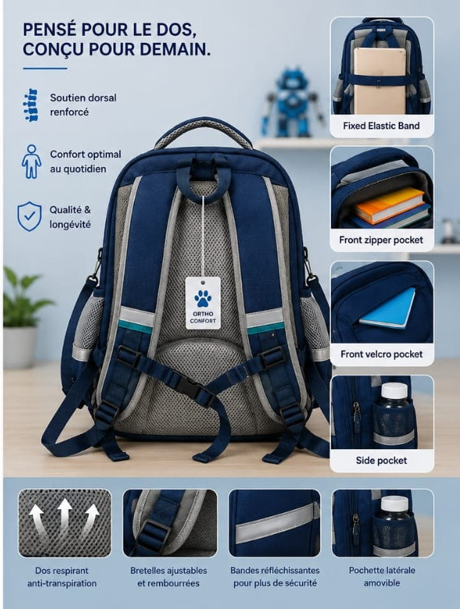 Sac à Dos Scolaire Orthopédique – Dos Respirant & Bretelles Renforcées