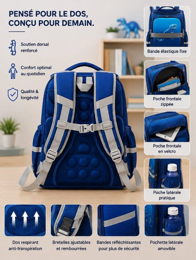 Sac à Dos Scolaire Orthopédique Enfant – Dos Renforcé & Multi-Rangements