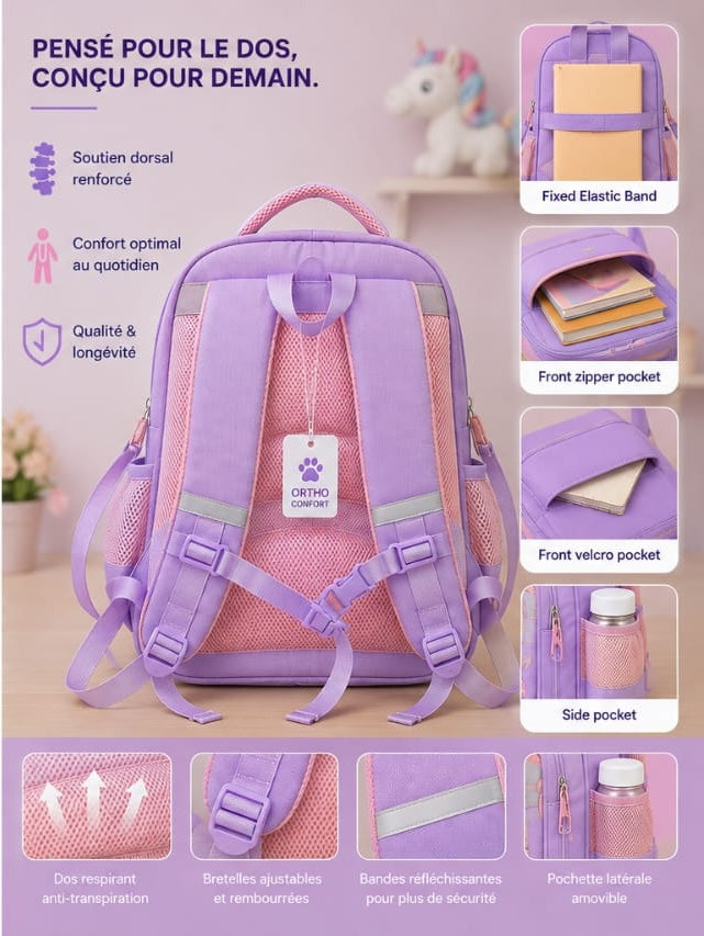 Sac à Dos Scolaire Orthopédique – Dos Respirant & Bretelles Renforcées