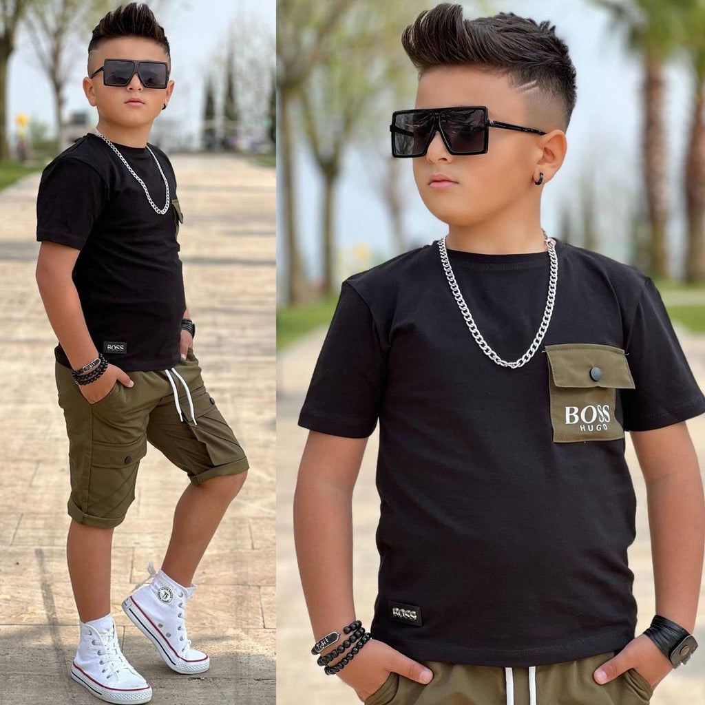 Ensemble Garçon 2 Pièces Gris & Noir – T-shirt et Short Cargo Style Streetwear