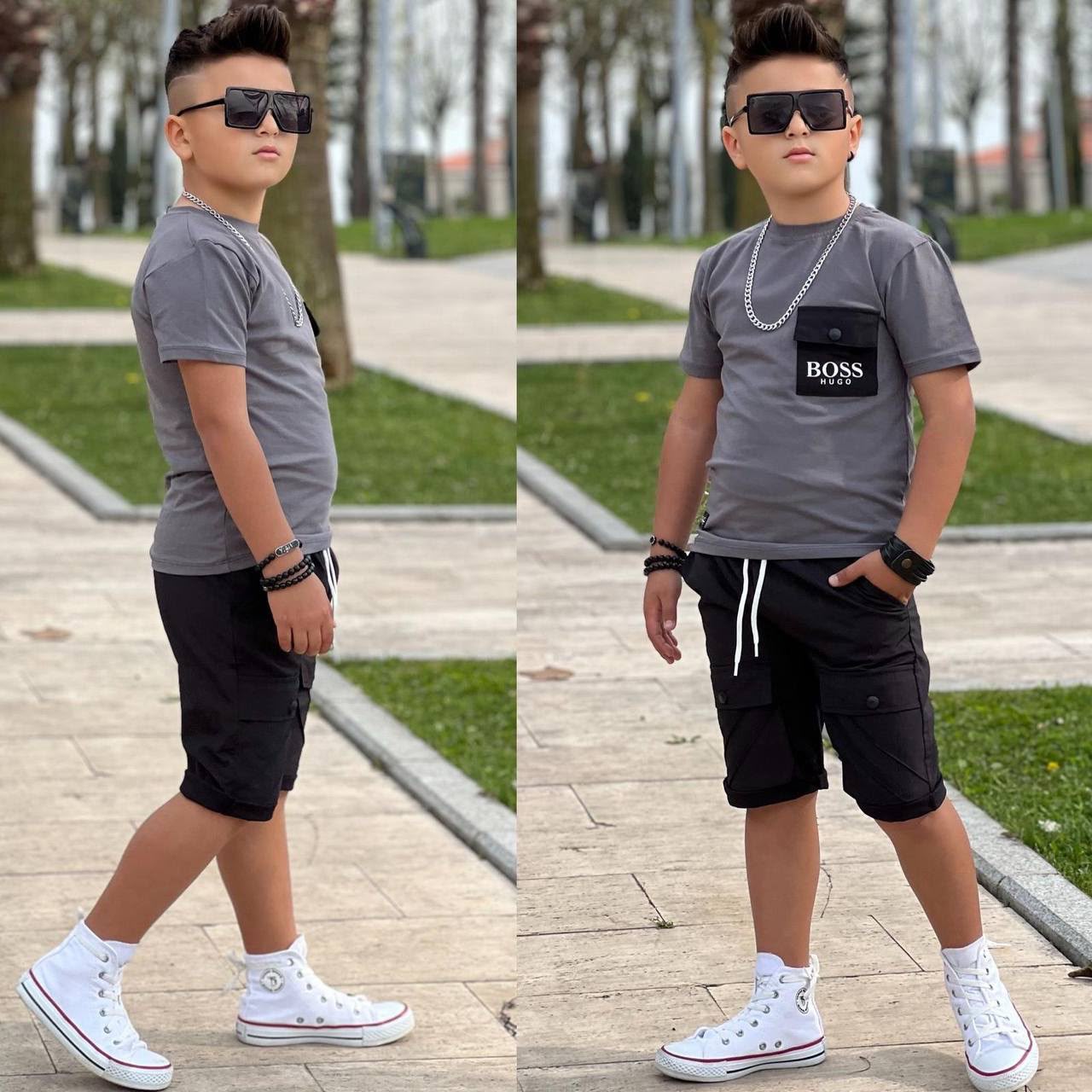 Ensemble Garçon 2 Pièces Gris & Noir – T-shirt et Short Cargo Style Streetwear