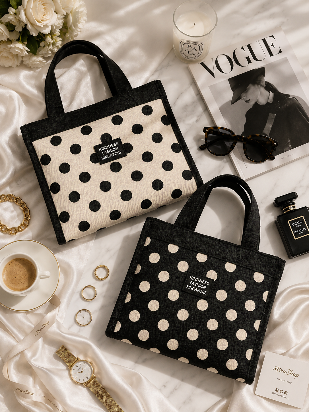 Sac Cabas Femme à Pois – Petit Tote Bag Élégant en Toile (Noir ou Beige)
