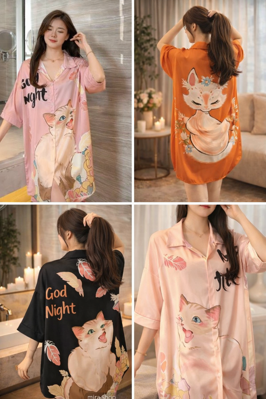 Chemise de Nuit Satin Femme – Imprimé Chat – Style Kimono Oversize – Plusieurs Coloris