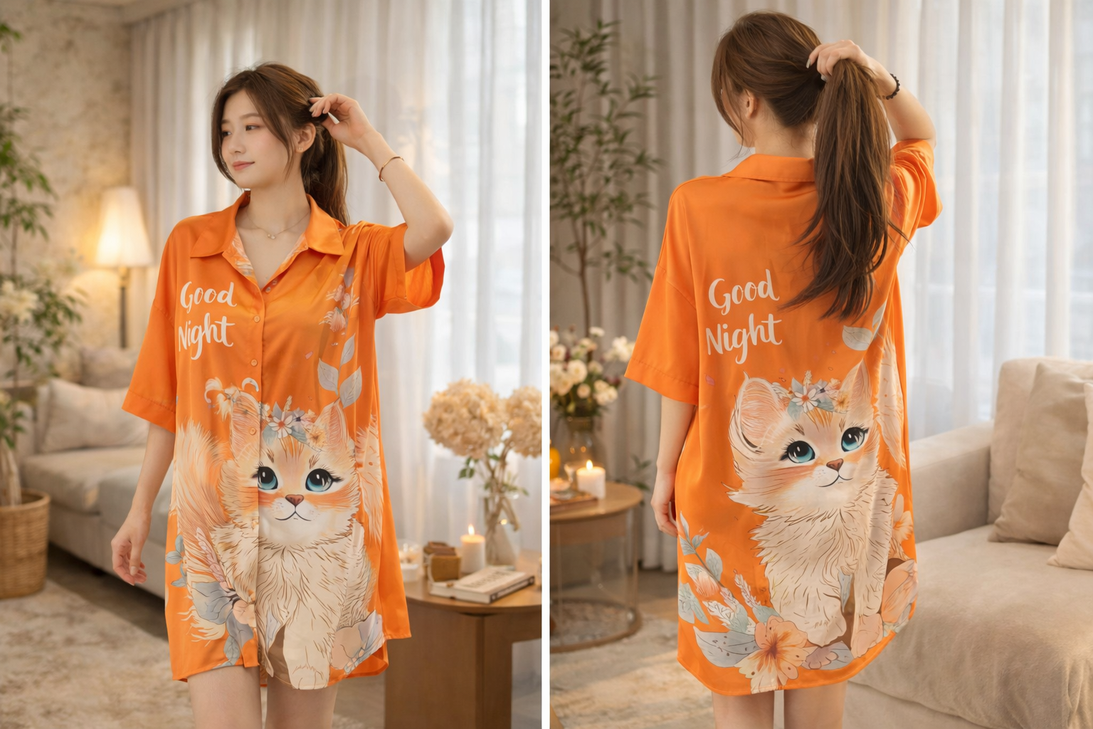 Chemise de Nuit Satin Femme – Imprimé Chat – Style Kimono Oversize – Plusieurs Coloris