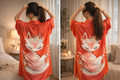Chemise de Nuit Satin Femme – Imprimé Chat – Style Kimono Oversize – Plusieurs Coloris