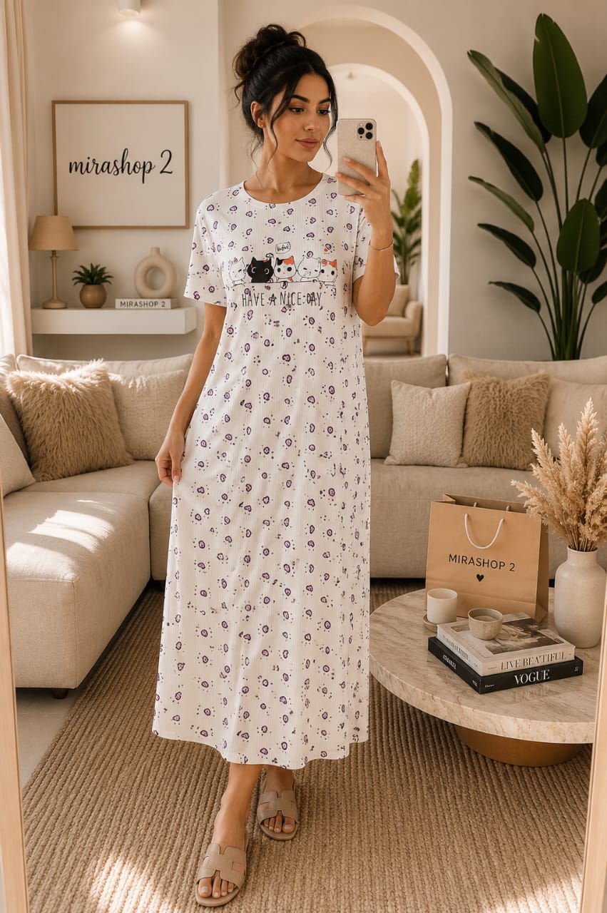 Robe de Nuit Longue Femme Imprimé Chats – Homewear Doux & Confortable (7 Coloris)