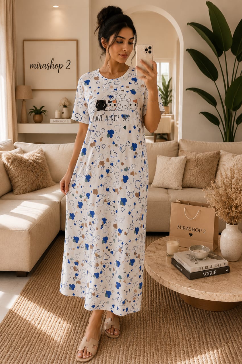 Robe de Nuit Longue Femme Imprimé Chats – Homewear Doux & Confortable (7 Coloris)