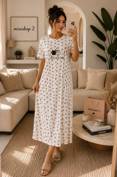 Robe de Nuit Longue Femme Imprimé Chats – Homewear Doux & Confortable (7 Coloris)