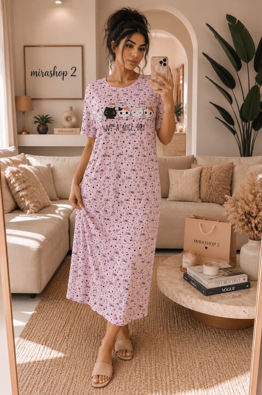 Robe de Nuit Longue Femme Imprimé Chats – Homewear Doux & Confortable (7 Coloris)