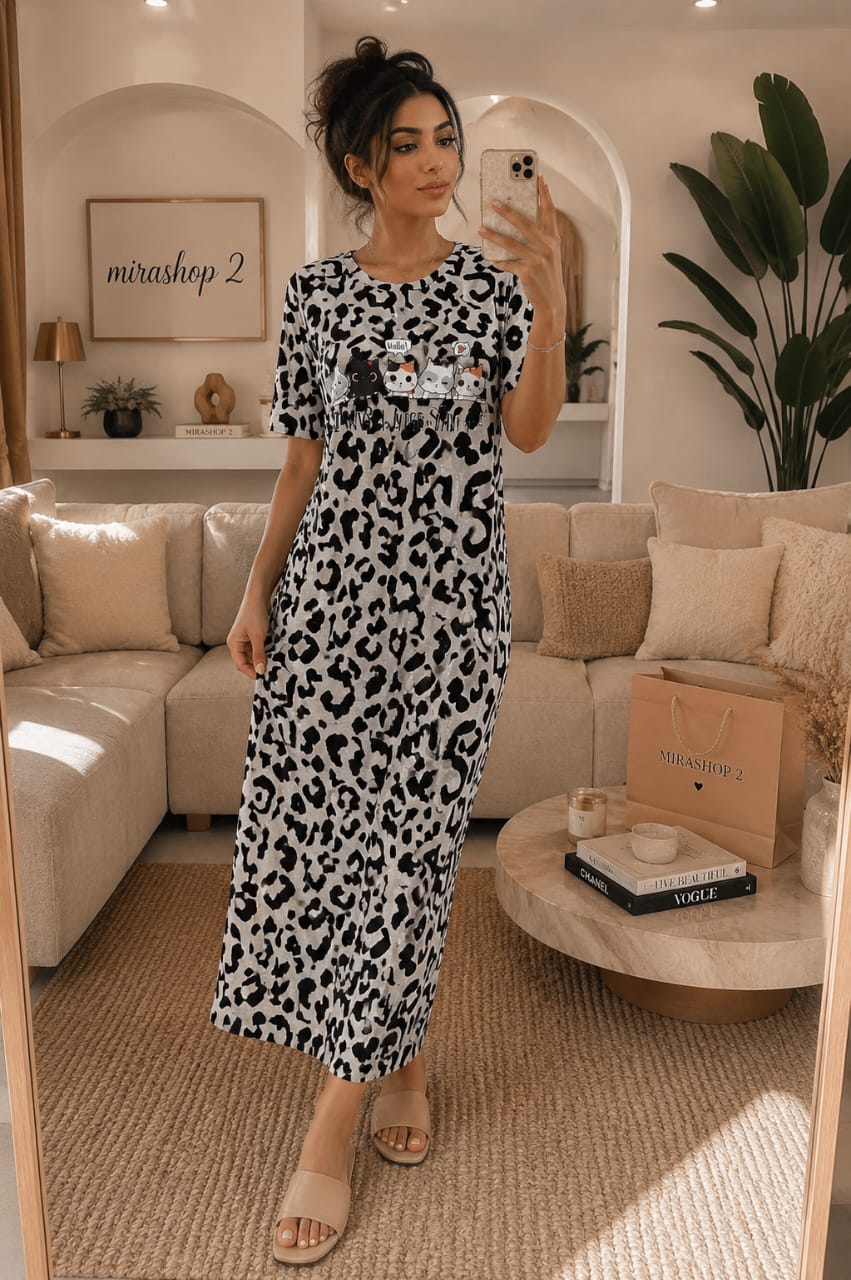 Robe de Nuit Longue Femme Imprimé Chats – Homewear Doux & Confortable (7 Coloris)