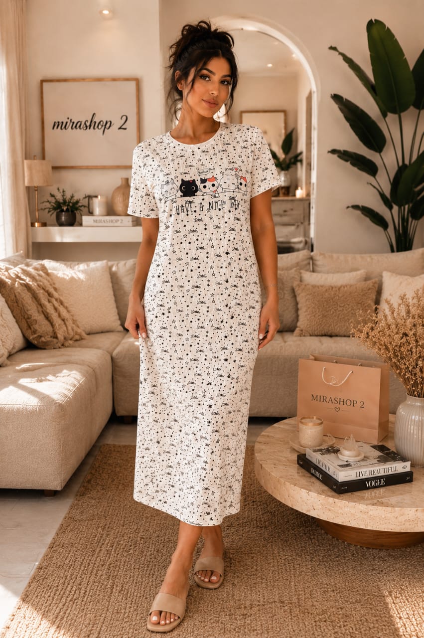 Robe de Nuit Longue Femme Imprimé Chats – Homewear Doux & Confortable (7 Coloris)