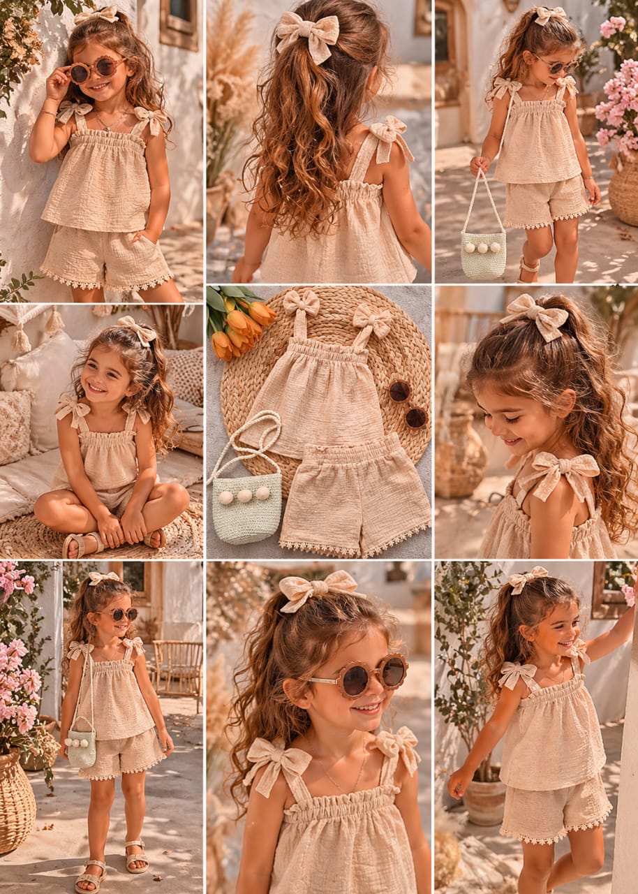 Ensemble Fille Été 2 Pièces en Gaze de Coton – Débardeur à Nœuds & Short Bohème