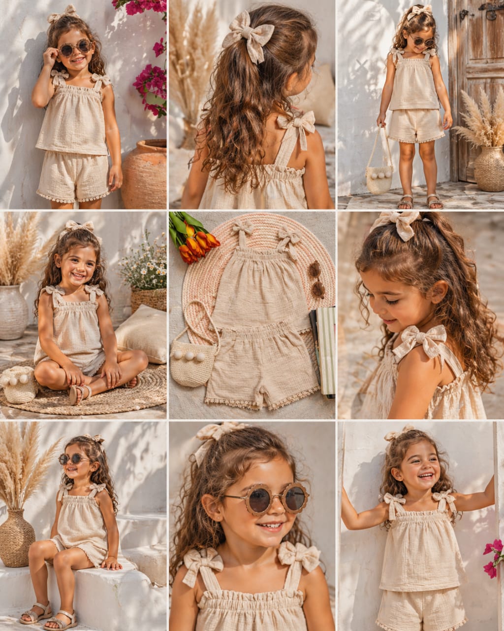Ensemble Fille Été 2 Pièces en Gaze de Coton – Débardeur à Nœuds & Short Bohème