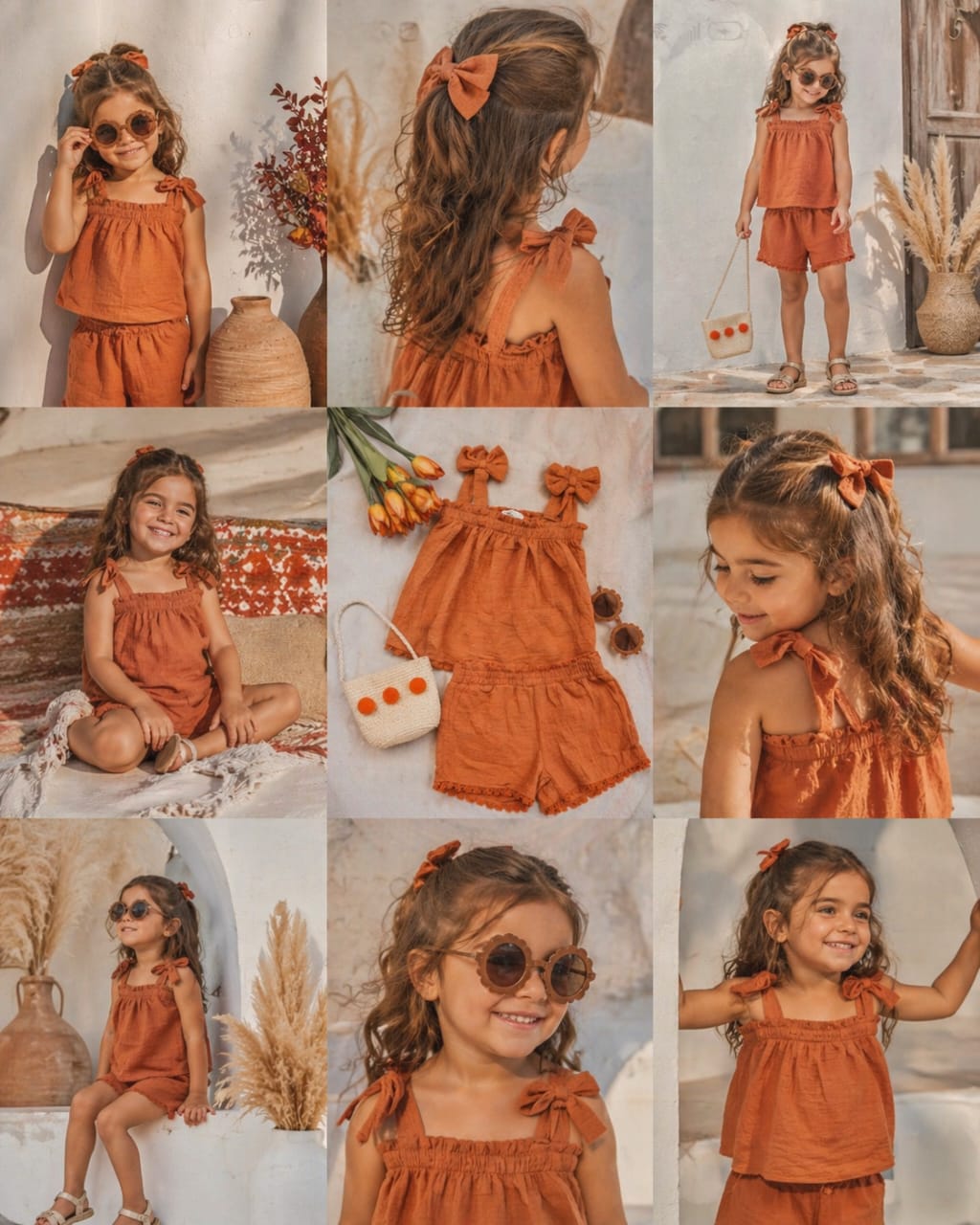 Ensemble Fille Été 2 Pièces en Gaze de Coton – Débardeur à Nœuds & Short Bohème