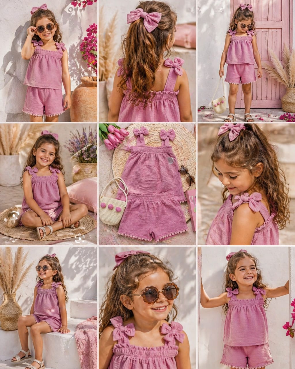 Ensemble Fille Été 2 Pièces en Gaze de Coton – Débardeur à Nœuds & Short Bohème