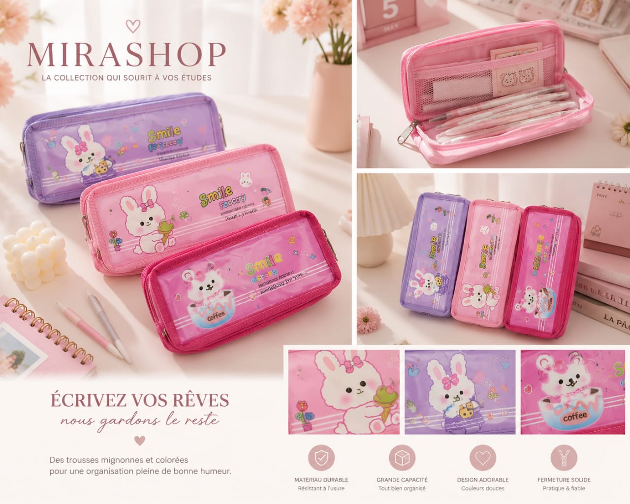Trousse Scolaire Kawaii pour Fille – Grande Capacité
