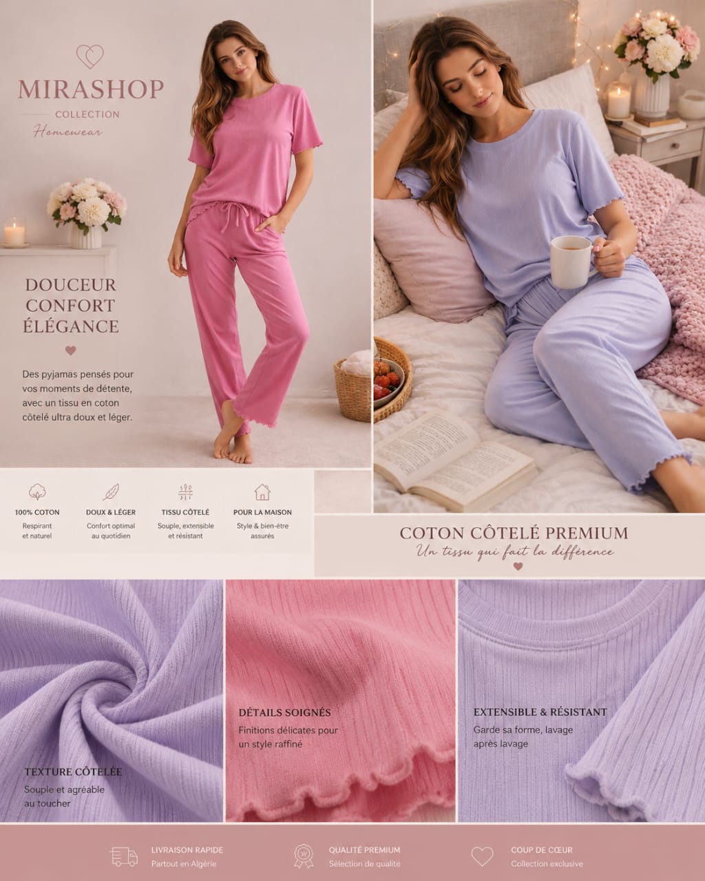 Ensemble Pyjama Femme en Coton Côtelé – T-shirt & Pantalon Long Ultra Doux