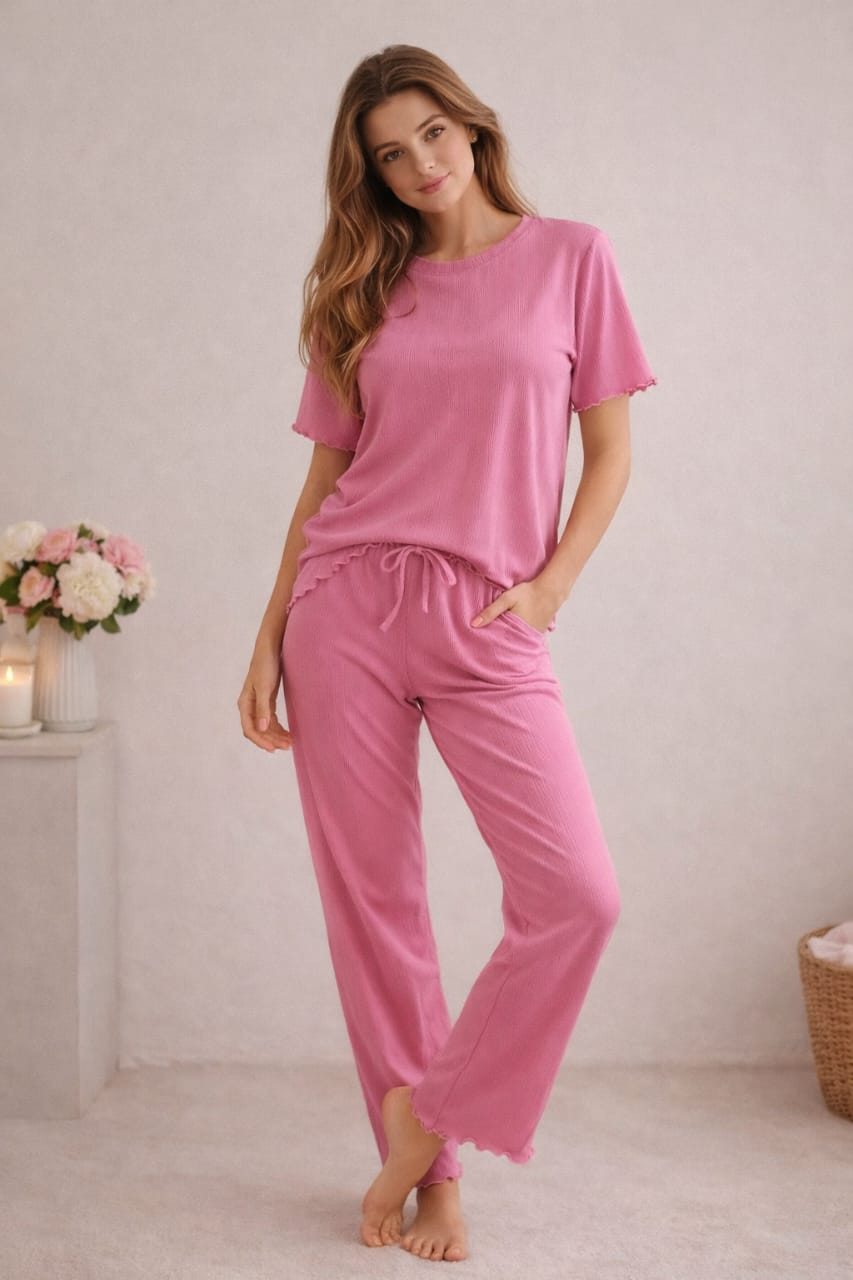 Ensemble Pyjama Femme en Coton Côtelé – T-shirt & Pantalon Long Ultra Doux