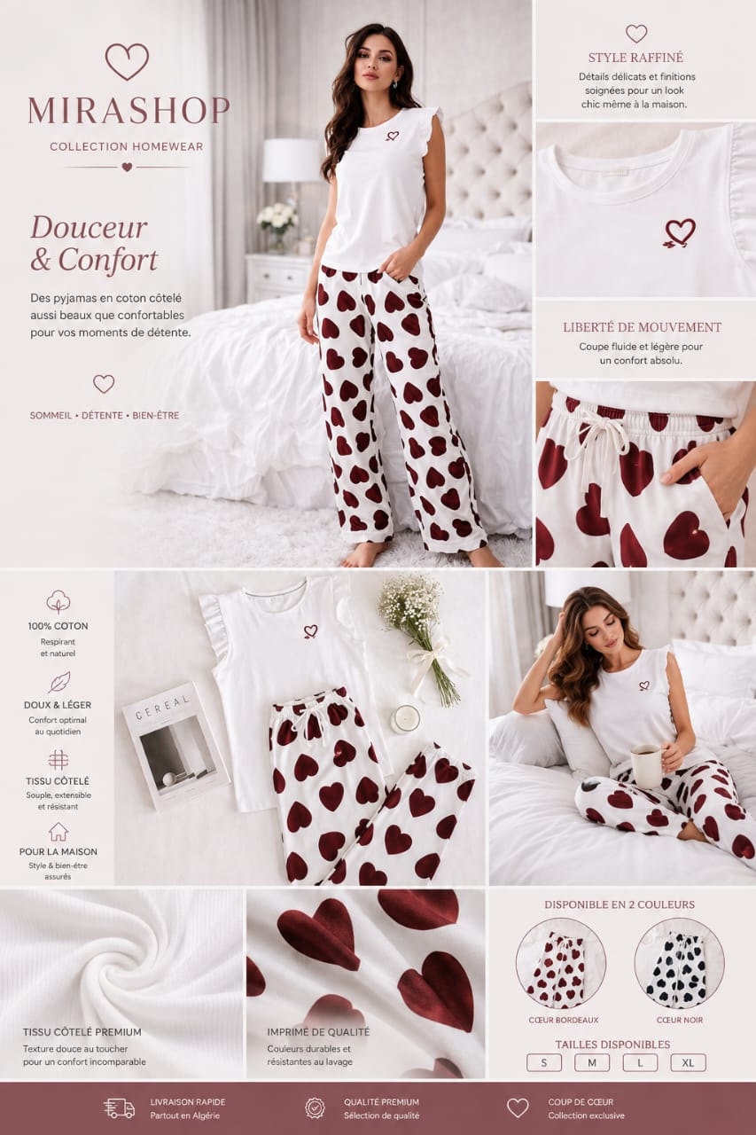 Pyjama Femme 2 Pièces en Coton Côtelé – Pantalon Cœurs & Haut Uni – Homewear Confort