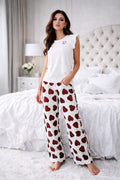 Pyjama Femme 2 Pièces en Coton Côtelé – Pantalon Cœurs & Haut Uni – Homewear Confort