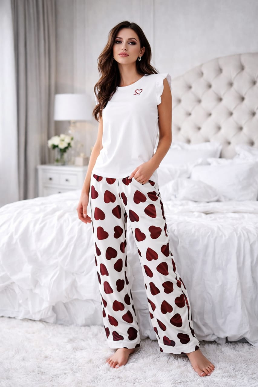 Pyjama Femme 2 Pièces en Coton Côtelé – Pantalon Cœurs & Haut Uni – Homewear Confort