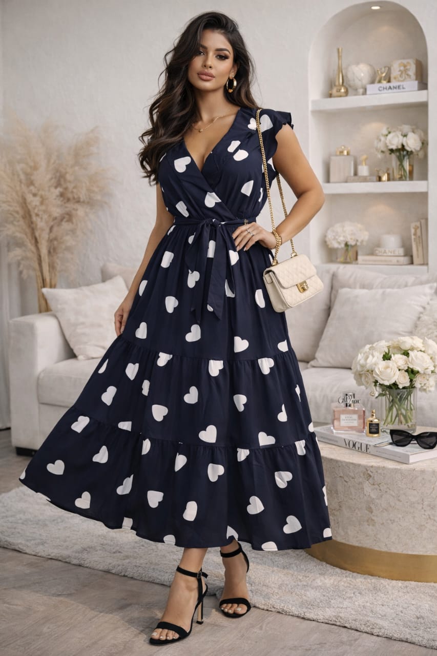 Robe Longue Femme Imprimé Cœurs – Élégance Romantique avec Ceinture