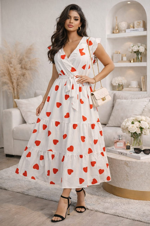 Robe Longue Femme Imprimé Cœurs – Élégance Romantique avec Ceinture