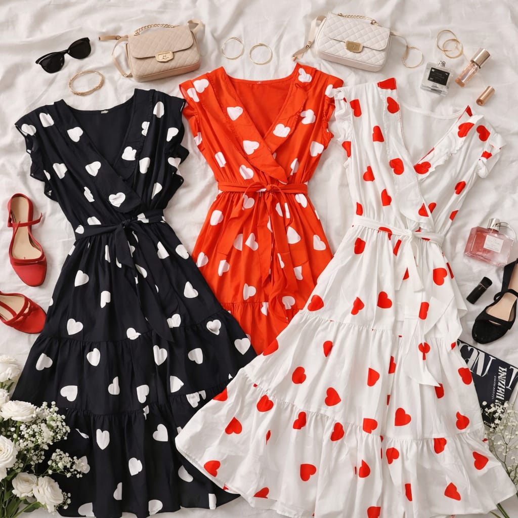 Robe Longue Femme Imprimé Cœurs – Élégance Romantique avec Ceinture