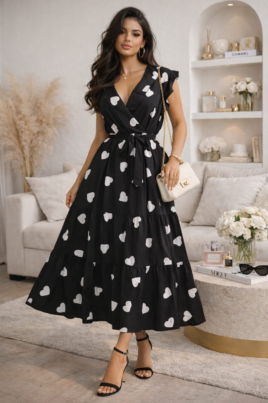 Robe Longue Femme Imprimé Cœurs – Élégance Romantique avec Ceinture