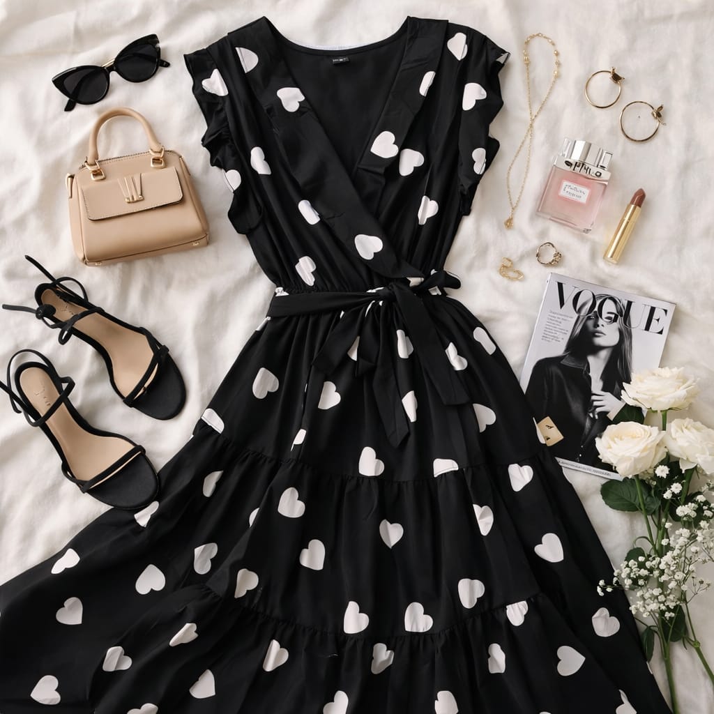 Robe Longue Femme Imprimé Cœurs – Élégance Romantique avec Ceinture
